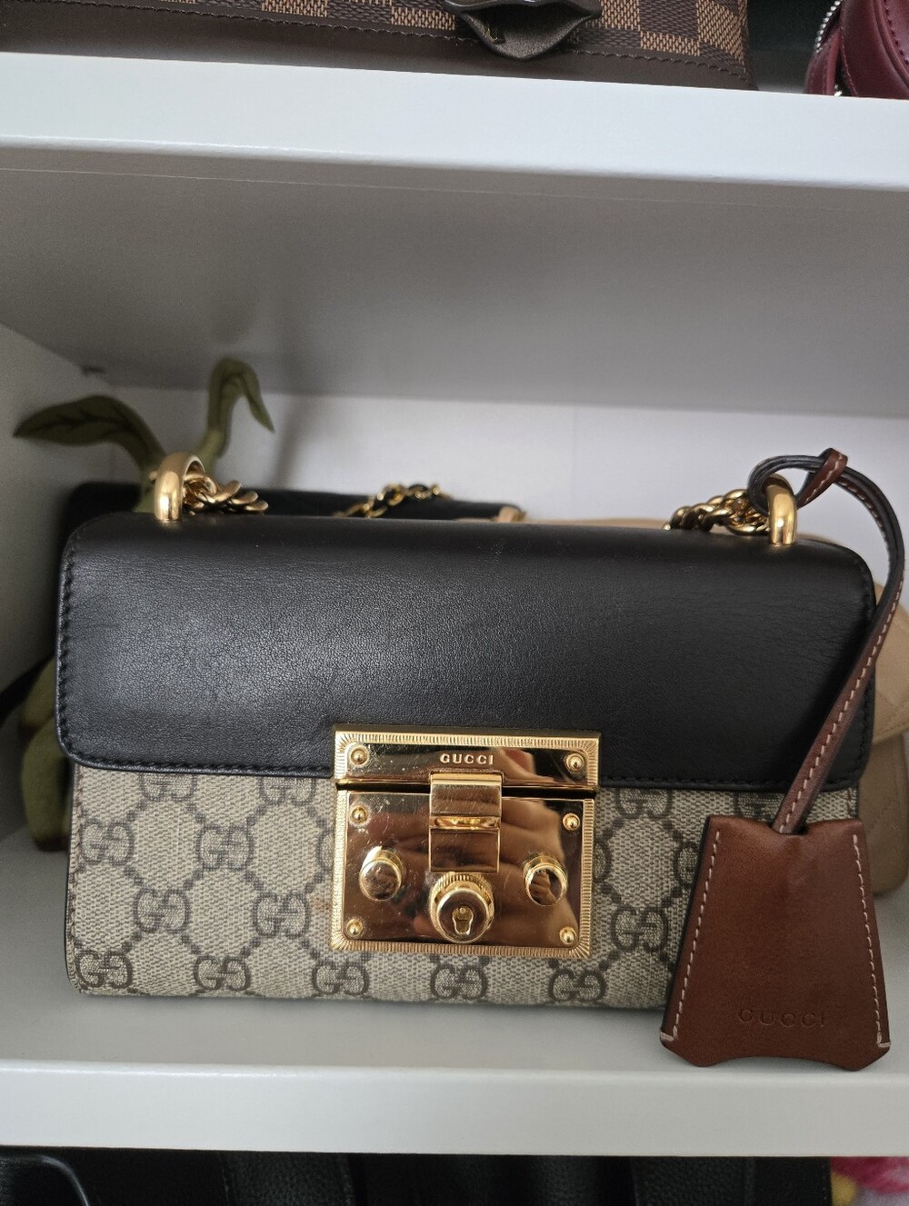 GG Supreme Monogram Calfskin Small Padlock Shoulder Bag Beige Black Cuir